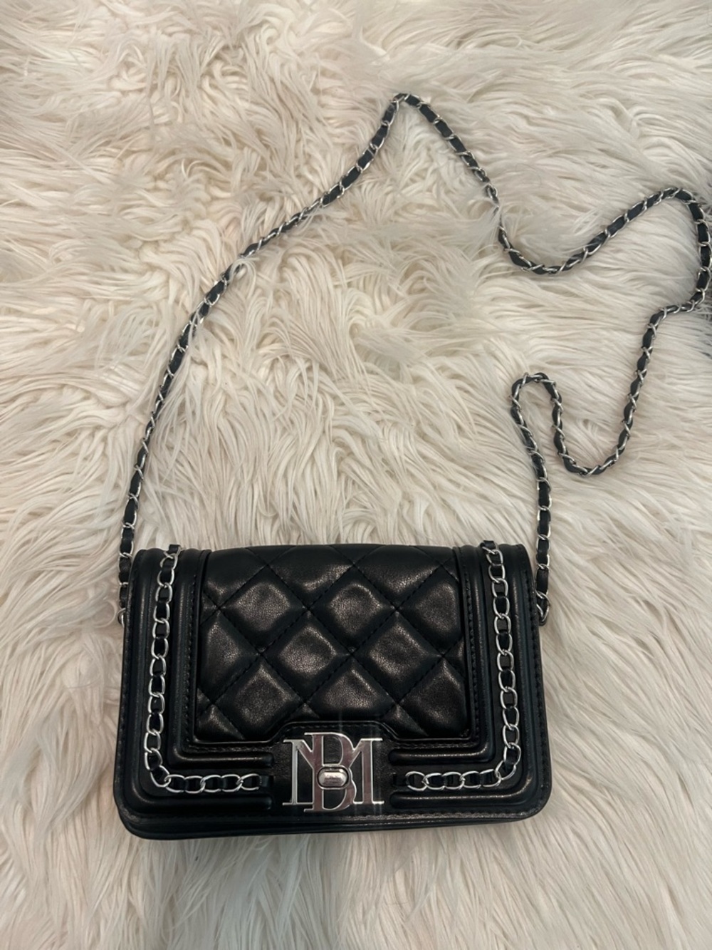 Badgley Mischka Black Quilted Crossbody with Silver Chain & MB Emblem